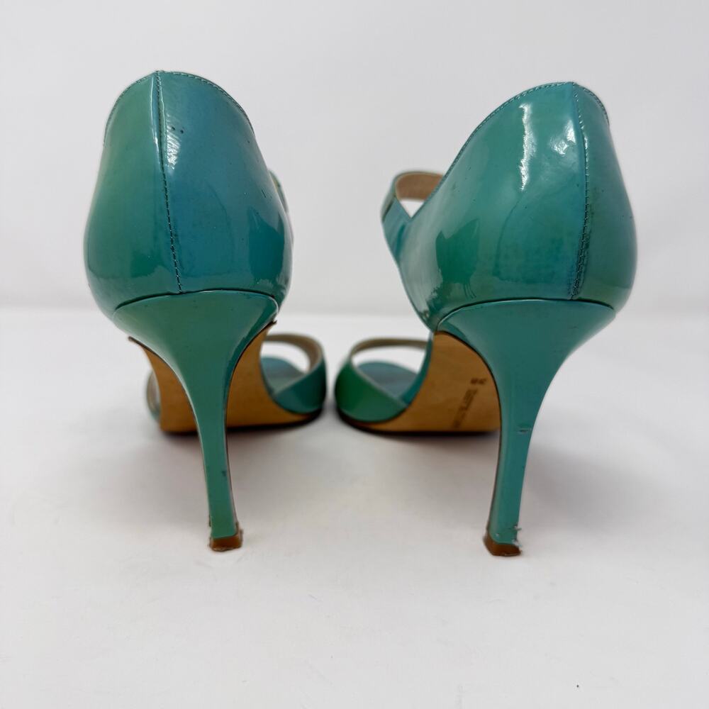Manolo Blahnik Turquoise Blue Patent Leather Peep Toe Mary Jane Heeled Sandal 38 - Picture 4 of 10